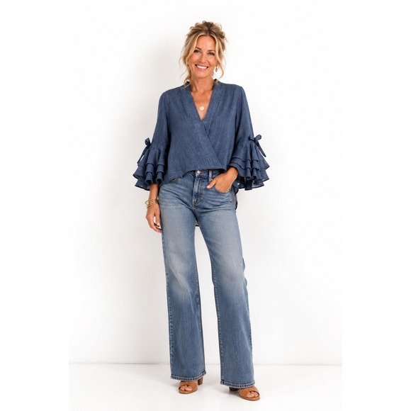 Misa Los Angeles Tops - Misa Wrap Blouse Size M Blue Ruffle Bell Sleeve Bow Detail Chambray Style